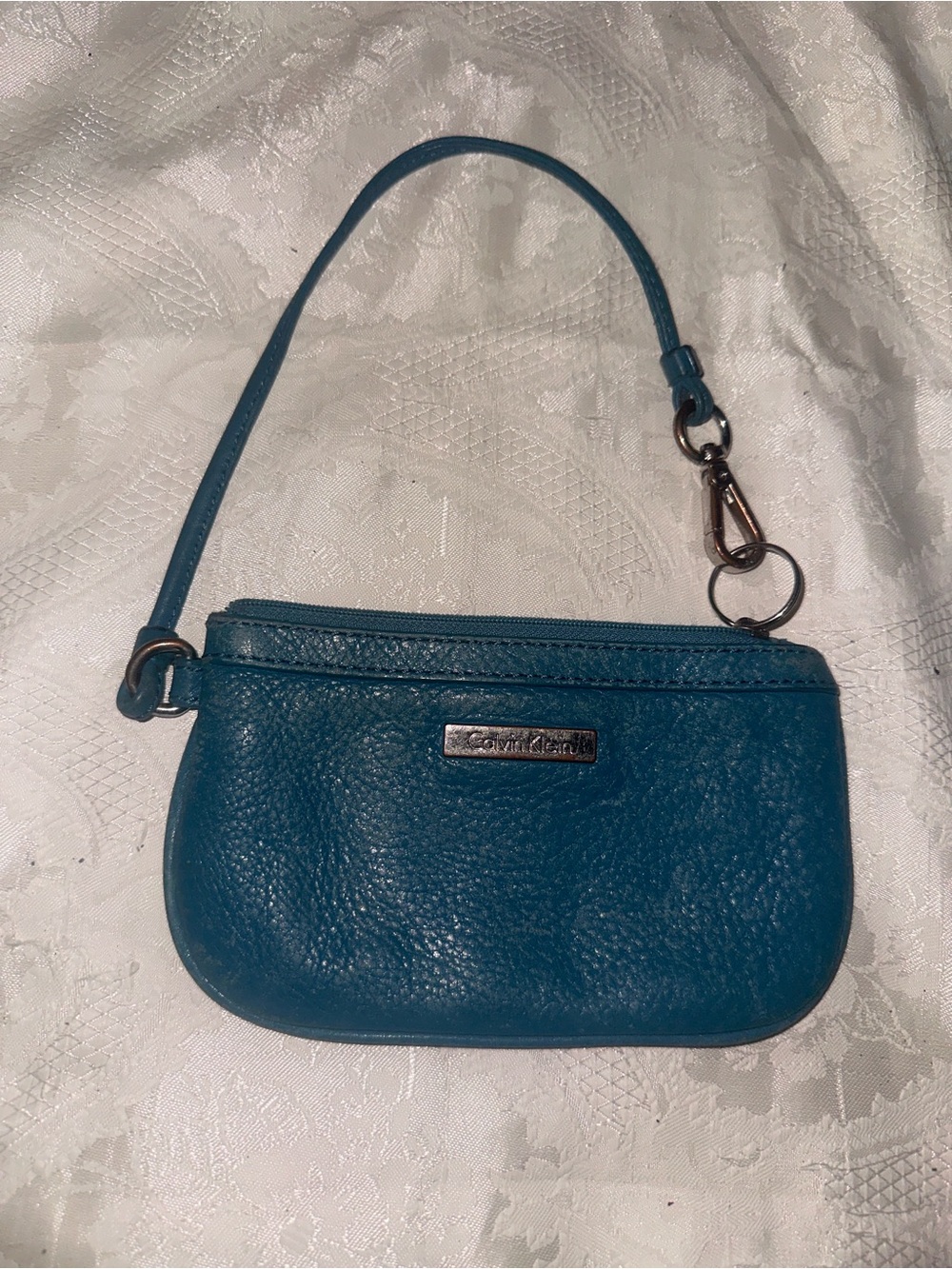 Calvin Klein Teal Pebbled Leather Wristlet with Detachable Strap